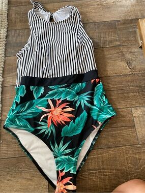 Amazon Black White Striped Top Tropical Floral One-Piece Swimsuit